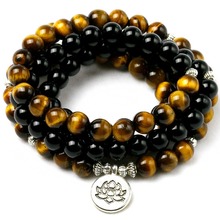 Natural Tiger Eye Stone With Black Onyx Beaded Energy Buddha Bracelet Women Men Mala Health Yoga Wing Charm Jewelry Gift 2024 - buy cheap