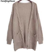 Cardigan longo feminino manga comprida malha cardigans inverno womens suéteres 2018 novo meados de comprimento cor sólida bolso solto suéter 2024 - compre barato