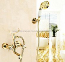 Luxury Gold Color Brass Bath Shower Faucet Set Dual Knobs Wall Mounted Bathtub Mixers with Handshower Swive Tub Spout Ktf124 2024 - buy cheap