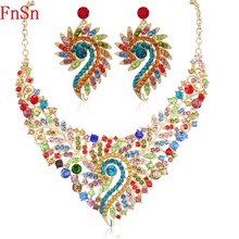 Fnsn-Conjunto de gargantilla de cristal para mujer, conjunto de collar de Color dorado, colorido, pendiente, regalo de fiesta, novedad 2024 - compra barato