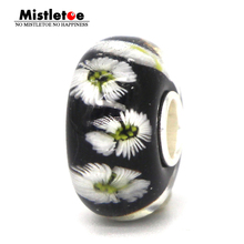 Mistletoe 925 Sterling Silver Black With White 3D Dasies Flower Murano Glass Charm Bead European Jewelry 2024 - buy cheap