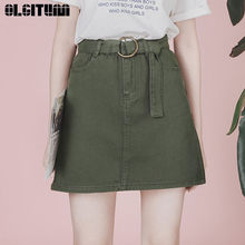 New 2020 Summer Women Jeans Skirt Vintage A-Line Solid Denim Skirt with Belt High Waist Green Red Khaki Skirts falda de mujer 2024 - buy cheap