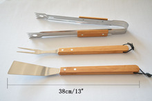 Simple Stainless steel BBQ Tool Set w/ Bamboo handle /Outdoor Barbecue Tools 3pcs/lot 15inch(Fork, Tong, Spatula) Free shipping 2024 - buy cheap