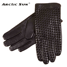 Business Men Genuine Leather Gloves High Quality Goatskin Glove Autumn Winter Plus Thermal Velvet Fashion Woven Plaid EM019NC 2024 - buy cheap
