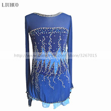 Vestido de patinação artística feminino, vestido com estrela e gola redonda de manga comprida azul marinho feito à mão strass 2024 - compre barato