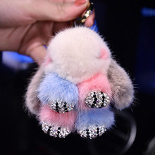 Cute Cartoon Rabbit Fur Diamond Crystal Pom Pom Keychain Handbag Car Keyring Women Diamante Mink fur Buckle Car Charm Pendant 2024 - buy cheap