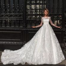 Vestido De Noiva Princesa 2019 Boat Neck Button Up Long Sleeve Lace Flowers Princess Ball Gown Wedding Dress With Chapel Train 2024 - buy cheap