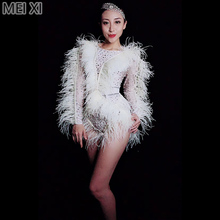 Luxury white feather pearl spandex stretch jumpsuit party nightclub bar concert DJ singer/dancer costumes 2024 - buy cheap