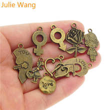 Julie wang 9 pçs liga mista amor coração rosa flor encantos cor antiga jóias fazendo pingente dia dos namorados acessório 2024 - compre barato