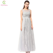 Clearance Cheap Evening Dress The Bride Grey Elegant Embroidery Lace Sleeveless Floor-length Long Prom Dresses 2024 - buy cheap