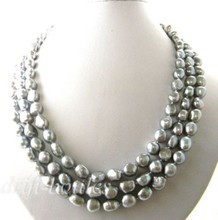 Collar de perlas barrocas de agua dulce, 3 hebras, 19 '', 9-10mm, color gris 2024 - compra barato