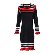 PERHAPS U Red Black Pink O Neck Long Sleeve Ruffle Knitted Striped Knee Length Sheath Bodycon Autumn Winter Dress Elegant D0826 2024 - buy cheap