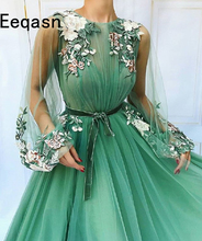 Wholesale Arabic Muslim Evening Dress Long Sleeve Light Green Flower Formal Prom Dress 2021 Custom Evening Party Gown 2024 - buy cheap