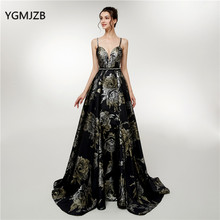 Black Long Prom Dress 2020 Spaghetti Straps 3D Print Flowers Elegant Arabia Formal Evening Gowns Party Robe De Soiree 2024 - buy cheap