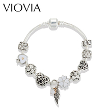 VIOVIA-brazalete Vintage romántico, Color plata antigua, corazón pendiente brazaletes con cuentas blancas de ala, joyería B16162 2024 - compra barato