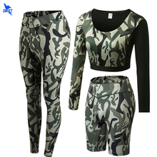 3 Pcs Camuflagem Conjunto Yoga Leggings + Shorts + Top Colheita de Manga Longa Mulheres Correndo Ginásio Treino Roupas de Cintura Alta esporte da aptidão Terno 2024 - compre barato