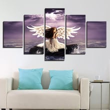 Impressão de paisagens quadros em tela decoração da parede moderna 5 peças menina anjo asas e mar água quadro modular cartaz arte 2024 - compre barato