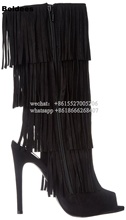 Botas de tacón alto para mujer, botines de piel de ante, con punta abierta y tacón fino, color negro, para primavera 2024 - compra barato