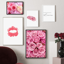 Pink Rose Flor Imprimir Lábios Penas Nórdico Cartaz E Impressões Da Parede Da Pintura da Lona Arte Da Parede Pictures Para Sala de estar Em Casa decoração 2024 - compre barato