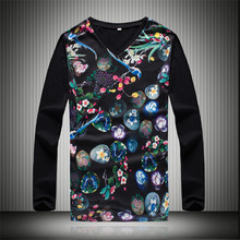 Men Casual Floral T-shirts Brand Long Sleeve Autumn Spring Tees Korean High Quality Slim Fit Fashion Cotton V Neck T shirt F1843 2024 - buy cheap