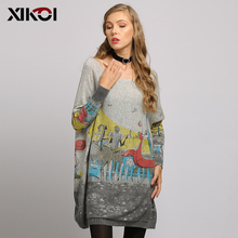 XIKOI Women Sweater Dress Oversized Long Batwing Sleeve Pullovers O-Neck Knitted Fashion Casual Cute Cartoon Print Clothes 2024 - compre barato