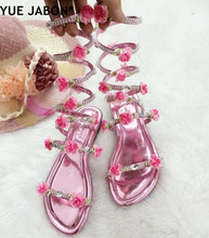 Pink Knee High Slip onFlats Sandal Boots Gladiator Summer Rhinestone Woman Boots Shoes Bohemia Style Crystal Flower Beach Shoes 2024 - buy cheap