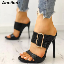 Aneikeh-zapatillas clásicas de PU para mujer, zapatos de verano de tacón alto fino sin cordones, punta redonda, hebilla, Correa poco profunda, color negro, talla 35-40, 2021 2024 - compra barato