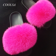 Summer Ladies Real Fox Fur Fluffy Slippers Women's Lovely Plush Slides Furry Beach Flip Flops Women's Indoor Plush Sandals 2024 - buy cheap