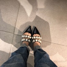 2018 Chic Vintage Apontado Toe Flip Flops Decoração Corda Do Grânulo Preto Loafers Flats Shoes Mulher Sandálias Mulas Sandálias Das Senhoras do Verão 2024 - compre barato