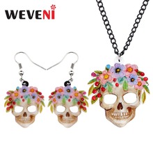 WEVENI Acrylic Halloween Costumes Flower Skull Earrings Drop Necklace Pendant Retro Jewelry Sets For Women Girls Decorations 2024 - buy cheap