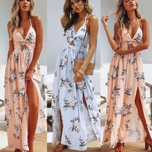 KLV 2020 New Women BOHO Floral Print Beach Dress Sleeveless Maxi Dress Party Dress 2024 - buy cheap