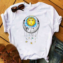 Женская рубашка, женская футболка с принтом Луны, солнца, звезды, Женский мультяшный милый летний модный топ с графическим принтом, футболка, одежда, футболка 2024 - купить недорого