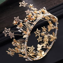 Fashion Sparkling Crystal Star Round Bridal Crown Gold Leaf Queen Princess Crowns Tiaras Wedding Pageant Headband Hair Jewelry 2024 - buy cheap