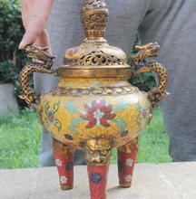 Tibet Buddhism Copper Bronze Cloisonne Foo Dog Lion Dragon Incense Burner Censer 2024 - buy cheap