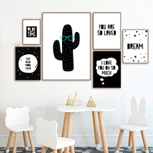 Cuadro de dibujos animados de Cactus en blanco y negro para decoración de la habitación de los niños, pósteres en lienzo con frase de amor para guardería, pintura Nórdica 2024 - compra barato