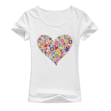Модные футболки с коротким рукавом, летние женские футболки, топы в форме сердца с цветочным принтом, женская футболка с круглым вырезом A88 2024 - купить недорого