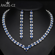 ANGELCZ Marquise Blue CZ Stone Luxury Royal Jewelry Leaf Necklace Sets For Women Wedding Bridal Party Costume Accessories AJ125 2024 - buy cheap