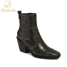 Phoentin-botas de couro femininas, sapato de salto médio, grosso, quadrado, slip-on, bota de vaqueiro ocidental, ft717 2024 - compre barato