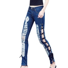 new women Jeans With Low Waist Split Stitching Drawstring Ripped Female Blue Casual Jeans woman washed denim skinny pencil pants 2024 - buy cheap