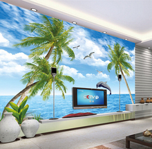 Papel tapiz de paisaje personalizable, Fondo de pared impermeable con diseño de delfín de coco de mar para sala de estar, dormitorio y TV 2024 - compra barato