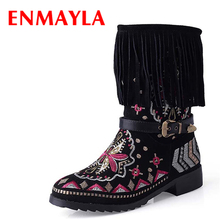 ENMAYLA Rome Style Winter Ethnic Fur Snow Half Boots Women Flats Tassel Embroidered Shoes Woman Buckle Floral Boots 2024 - buy cheap