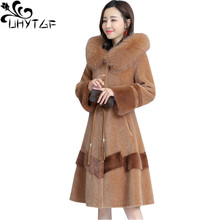 UHYTGF Luxury Fox Fur Collar Hooded Winter Fur Coat Women Sheep Shearing Long Outerwear Mink Warm Fur Jacket 4XL Loose Size 1027 2024 - buy cheap