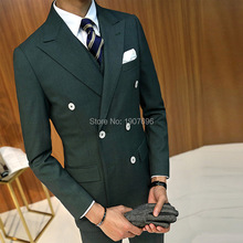Ternos masculinos abotoaduras duplas, jaqueta slim fit para casamento, smoking verde escuro, 3 peças, traje de baile com calça 2024 - compre barato