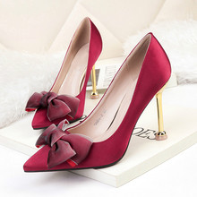 New Women Pumps Shoes Satin 9.5cm Thin High Heels Pointed Toe Slip-On Butterfly-knot Shallow Sexy Party Lady Office Female Shoes 2024 - buy cheap