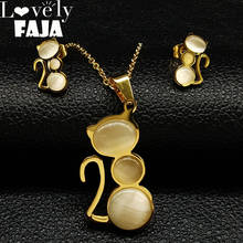 2021 Fashion Cat Opal Stainless Steel Earings Necklace Set Women Gold Color Jewelry Sets juego de joyeria de acero gato 178554 2024 - buy cheap