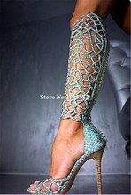 Botas de gladiador con diamantes de imitación para mujer, zapatos de tacón alto y largo, con punta abierta, a la moda, azul 2024 - compra barato