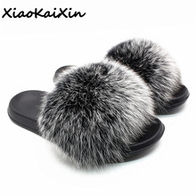 High Quality Real Fox Hair Slippers for Men and Women Summer Fox Fur Slides Soft Plush Fur Mules Cute Ladies Sandals Big Size 45 2024 - buy cheap