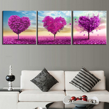Pinturas em tela arte de parede decoração de casa 3 peças, árvores amantes da sala de estar hd impressões roxo coração cartaz 2024 - compre barato