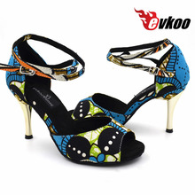 Evkoodance girls 8.5cm heel Zapatos De Baile Size US4-12 Blue African Print Satin Latin Ballroom Dance shoes For Women Evkoo-453 2024 - buy cheap