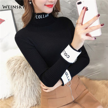 Pulôver e suéter feminino gola alta, blusão feminino estilo coreano carta suéter outono inverno 2019 2024 - compre barato